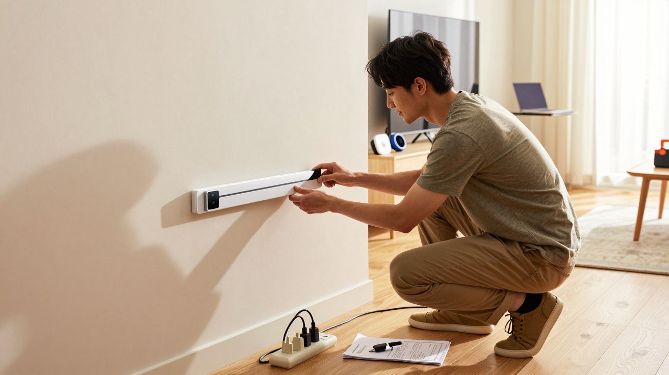 Homem agachado instalando uma régua de energia na parede de uma sala iluminada.