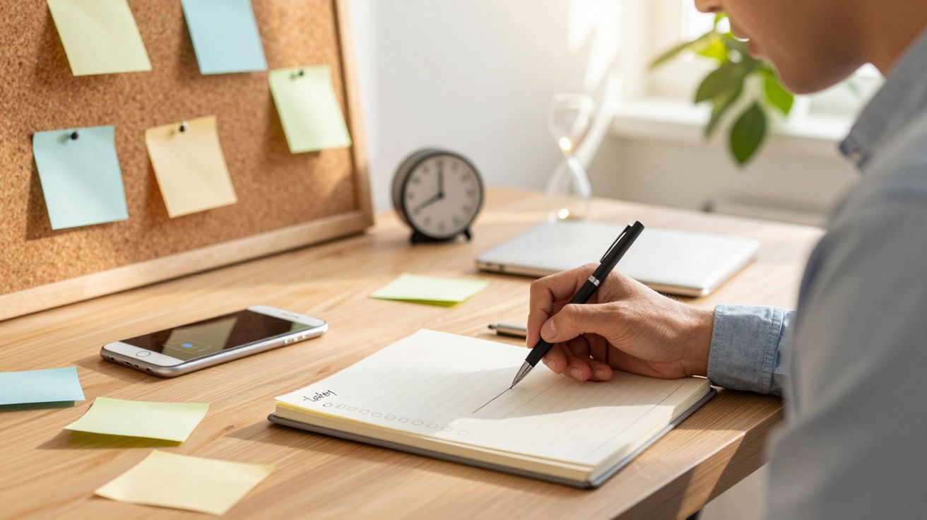 Pessoa escrevendo uma lista de tarefas em caderno ao lado de celular, relógio e quadro de recados com post-its.