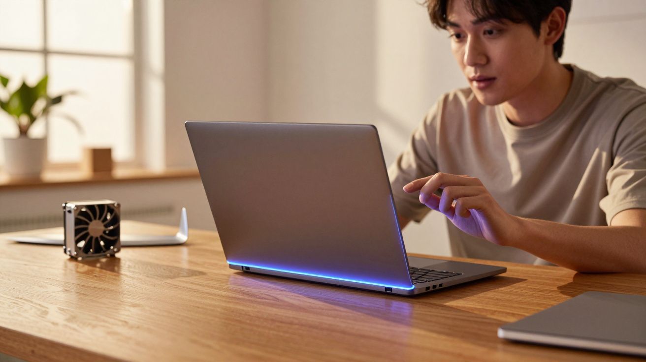 Pessoa jovem usando laptop com iluminação azul em mesa de madeira em ambiente interno com luz natural.