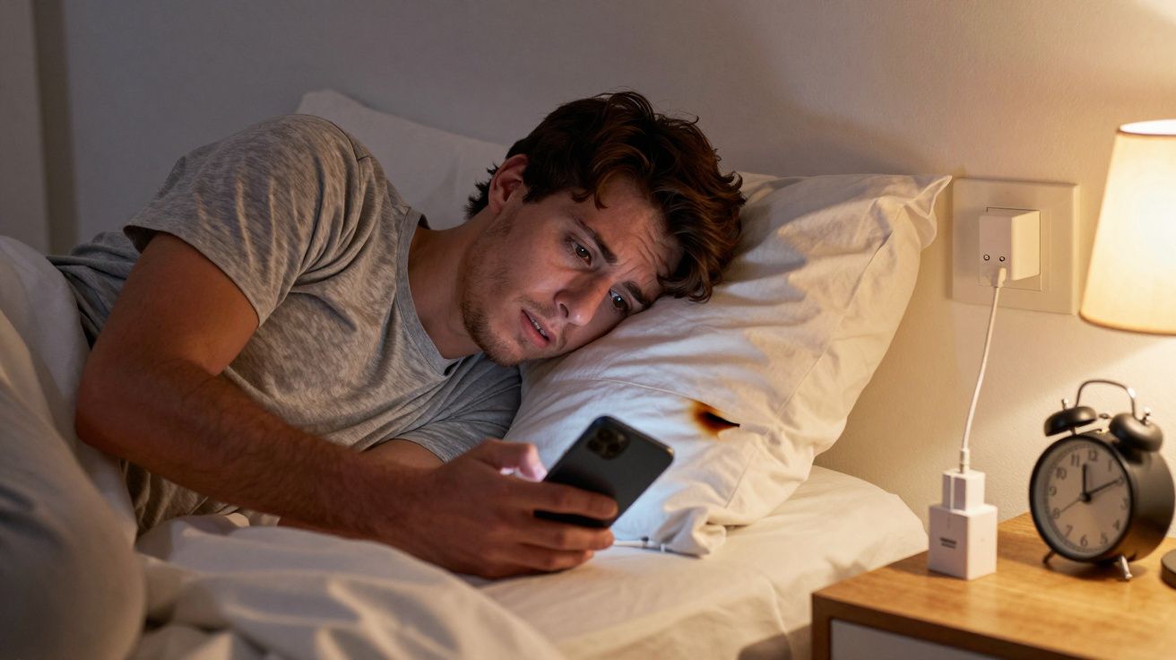 Homem deitado na cama olhando preocupado para o celular, com travesseiro queimado ao lado.