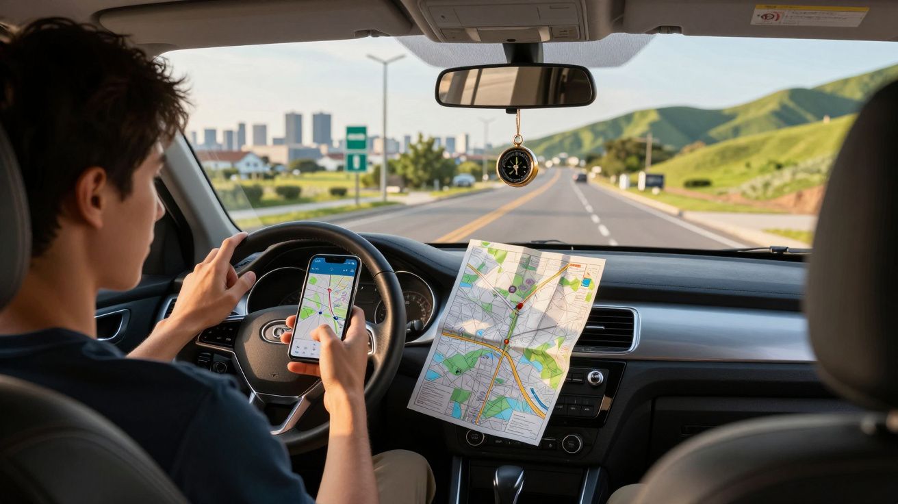 Homem dirigindo carro enquanto consulta mapa físico e aplicativo de GPS no celular na estrada.