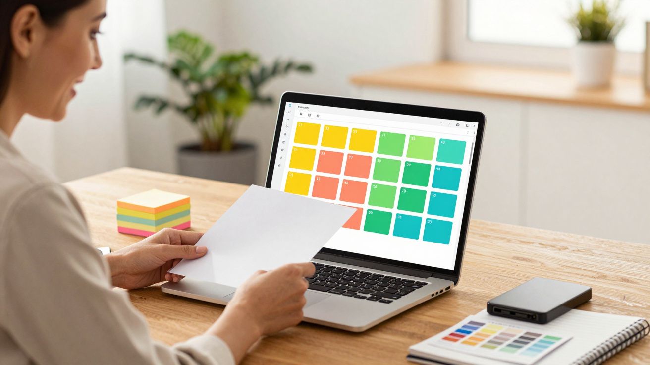 Pessoa analisando documentos com calendário colorido em laptop sobre mesa de trabalho.