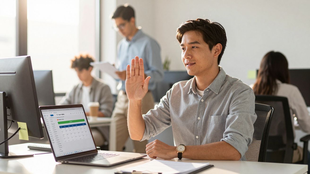 Homem jovem sentado na mesa do escritório levantando a mão, com laptop aberto e outras pessoas ao fundo.