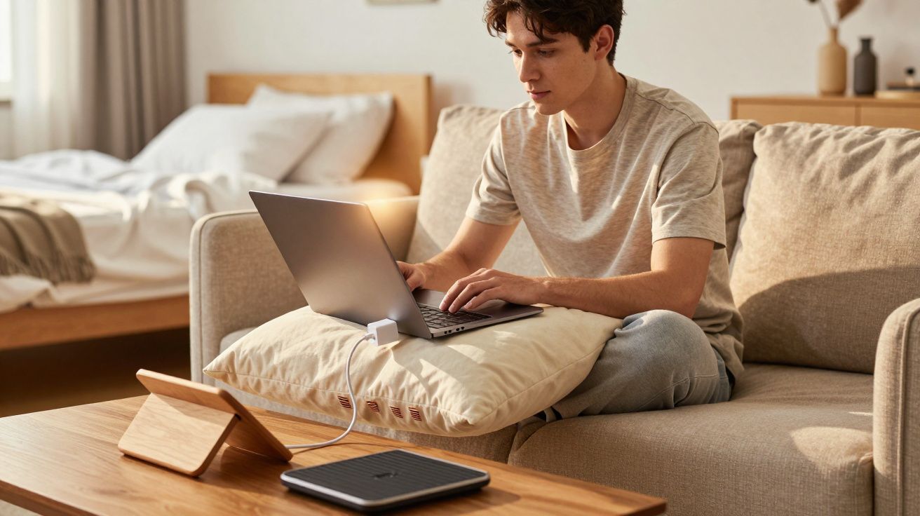 Jovem sentado no sofá utilizando laptop apoiado em almofada em ambiente aconchegante.