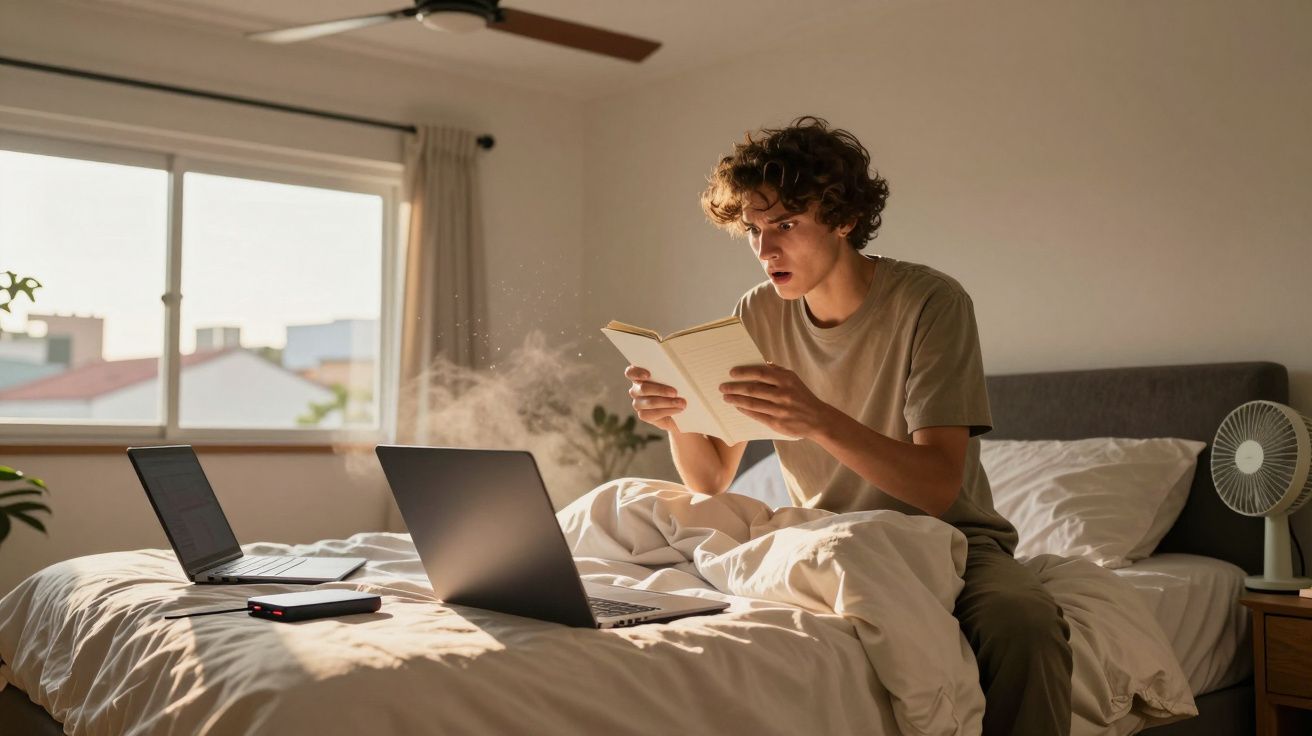 Jovem surpreso lendo livro com poeira saindo, sentado na cama com dois laptops em quarto iluminado.