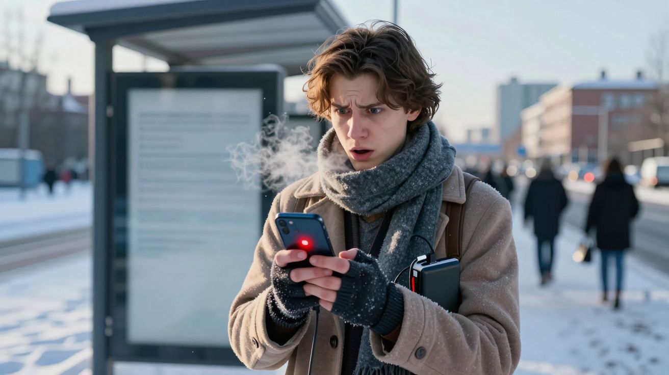 Jovem com expressão surpresa olhando para celular na rua fria de inverno, com vapor saindo da boca.