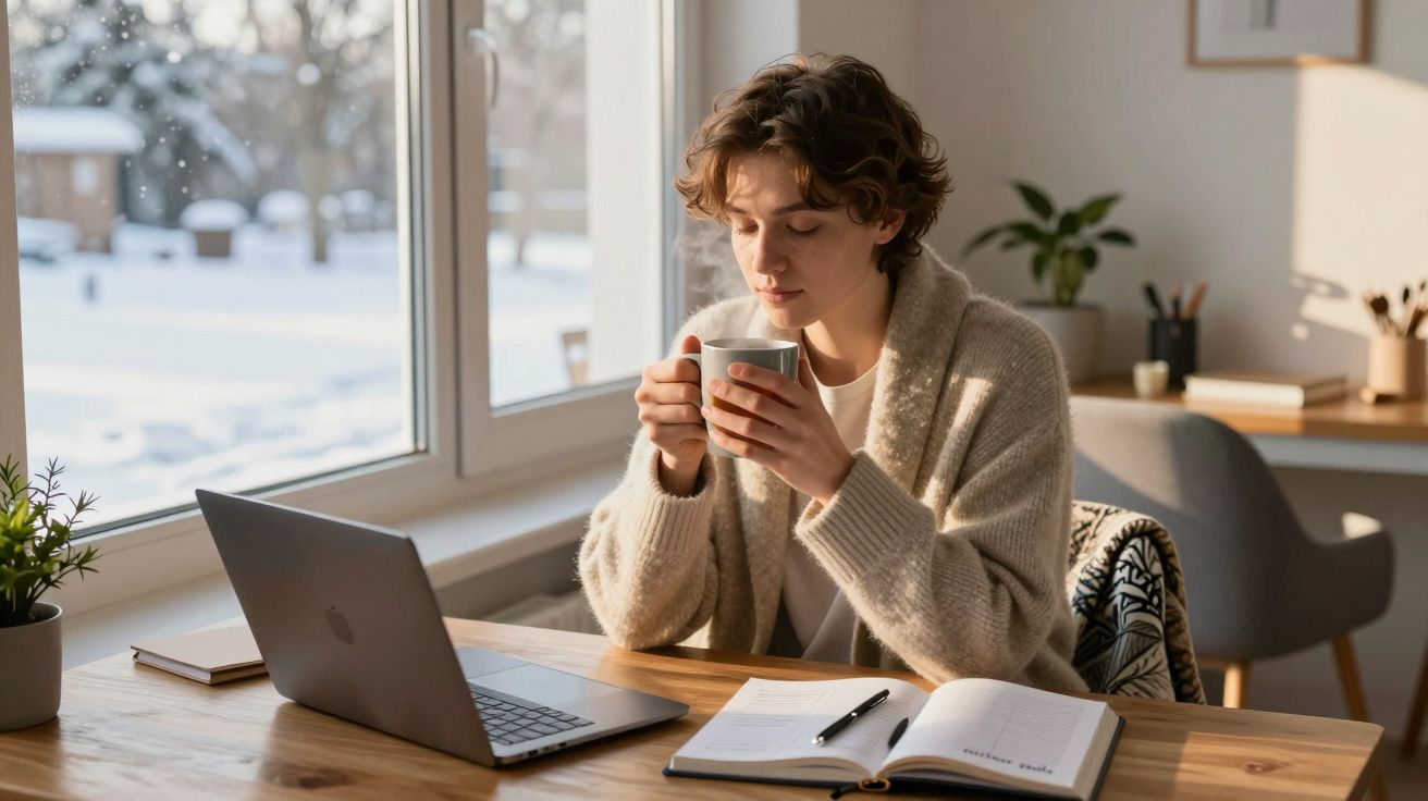 Pessoa sentada em mesa com laptop, caderno aberto e segurando uma caneca, perto de janela com vista para neve.