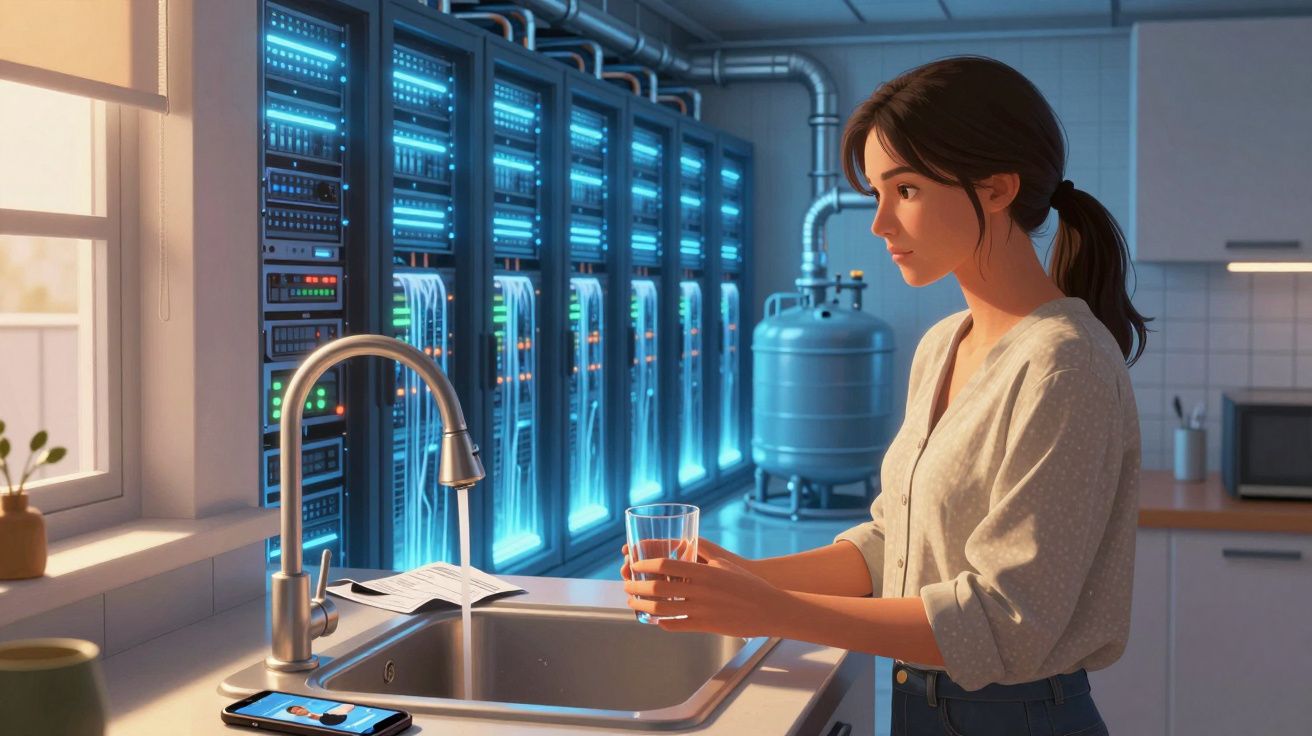 Mulher segurando copo d’água na pia de uma cozinha com servidores iluminados ao fundo.
