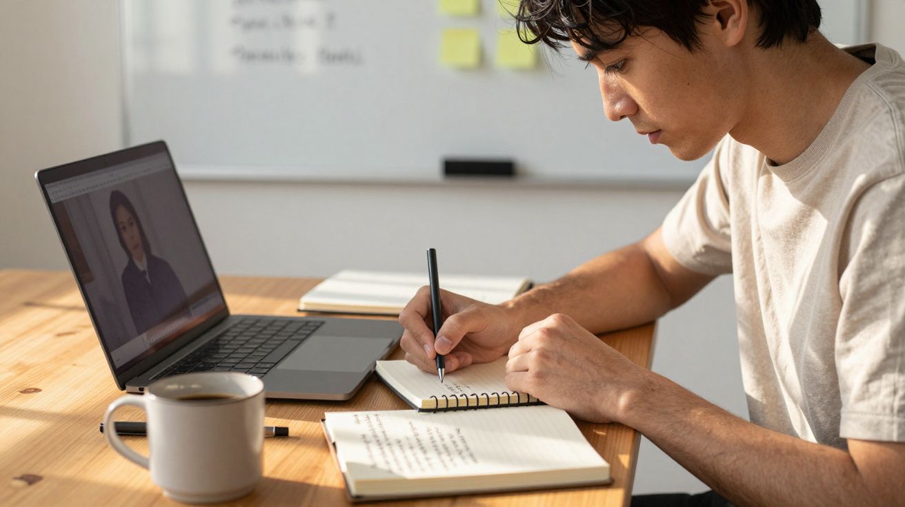 Homem sentado à mesa escrevendo em caderno durante uma videoaula no notebook e com café ao lado.