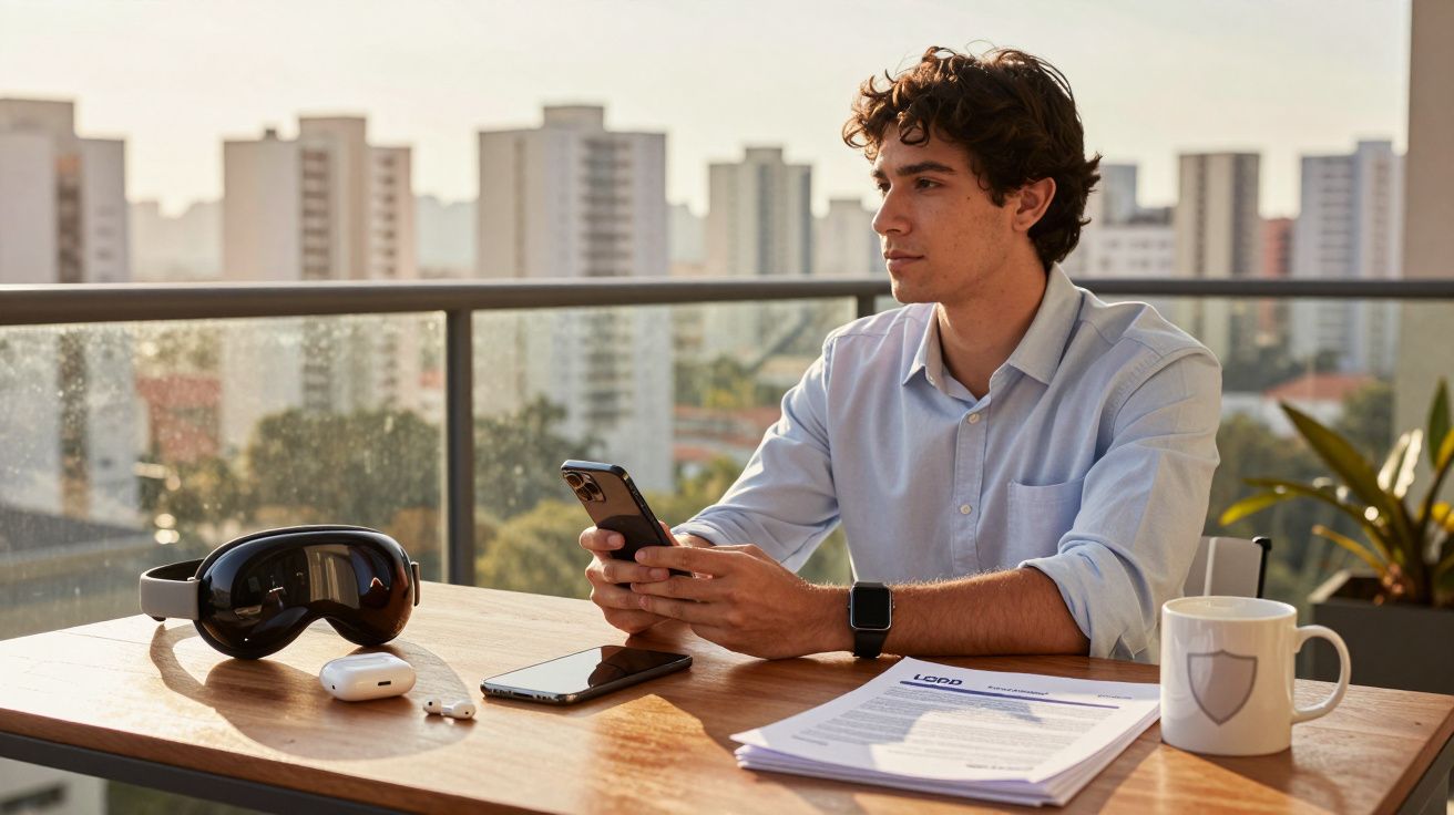 Homem sentado em mesa com documentos, celular e óculos de realidade virtual ao ar livre.