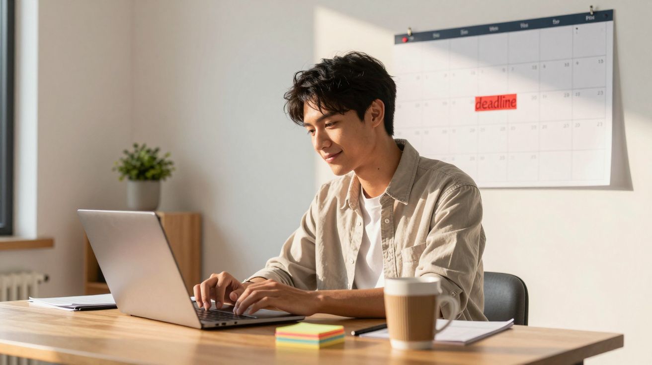 Jovem sorrindo enquanto trabalha em laptop com calendário e caneca sobre a mesa em ambiente iluminado.