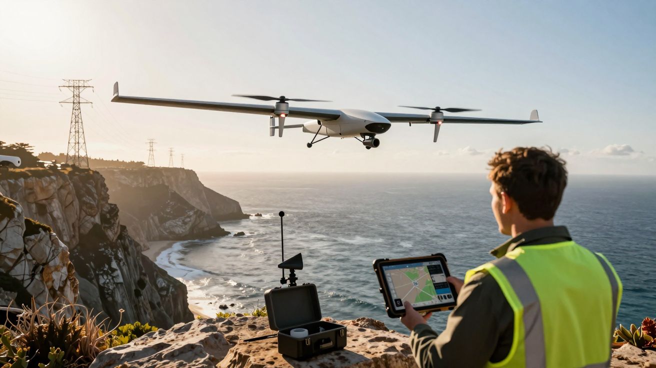 Homem com colete refletivo controla drone branco sobre penhasco à beira do mar ao pôr do sol.