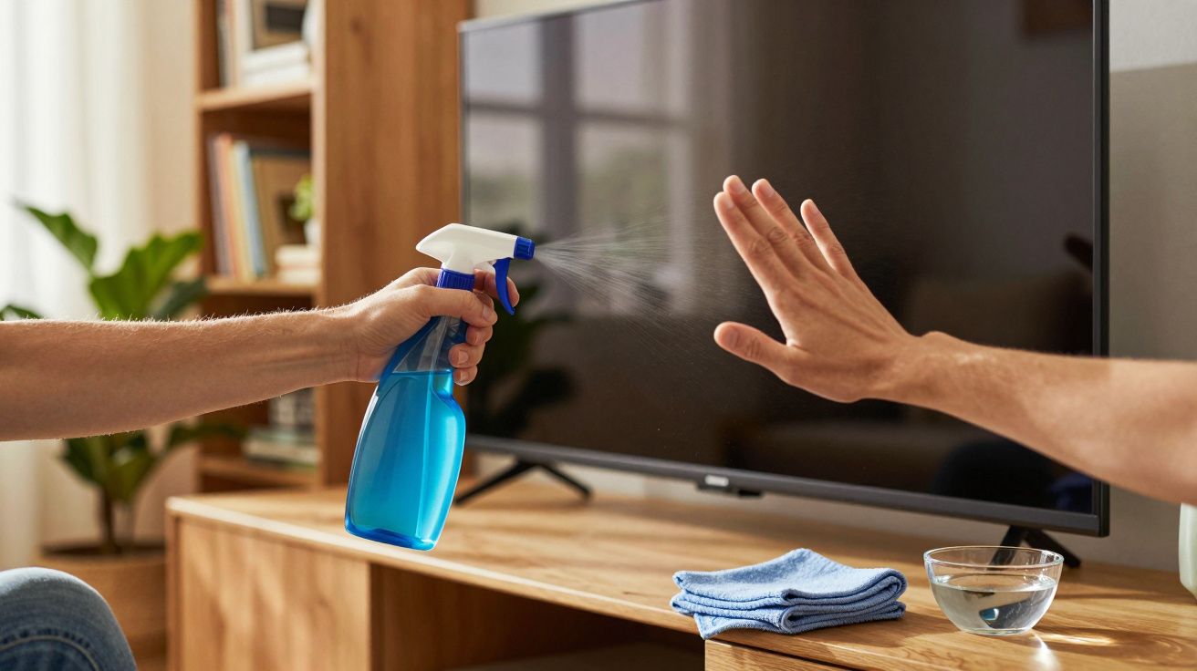 Pessoa segurando borrifador com líquido azul próximo a uma televisão, outra mão gesticula para parar.