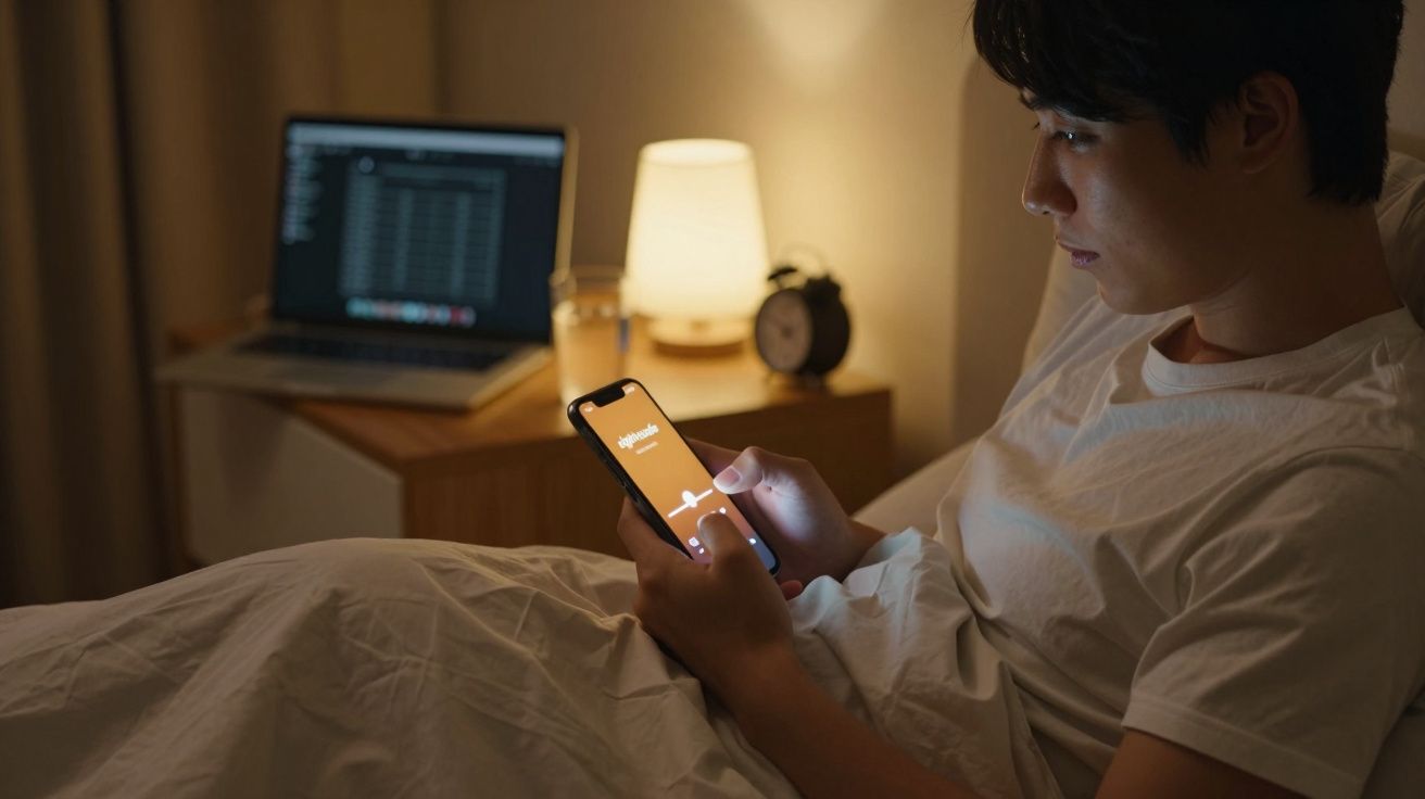 Jovem usando smartphone na cama com laptop aberto e abajur ligado ao fundo.