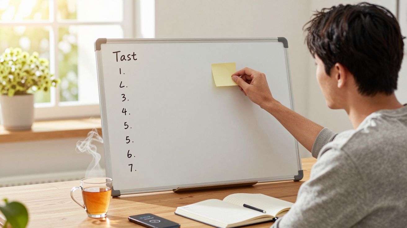 Pessoa colando nota adesiva em quadro branco com lista de tarefas, xícara de chá e caderno na mesa.