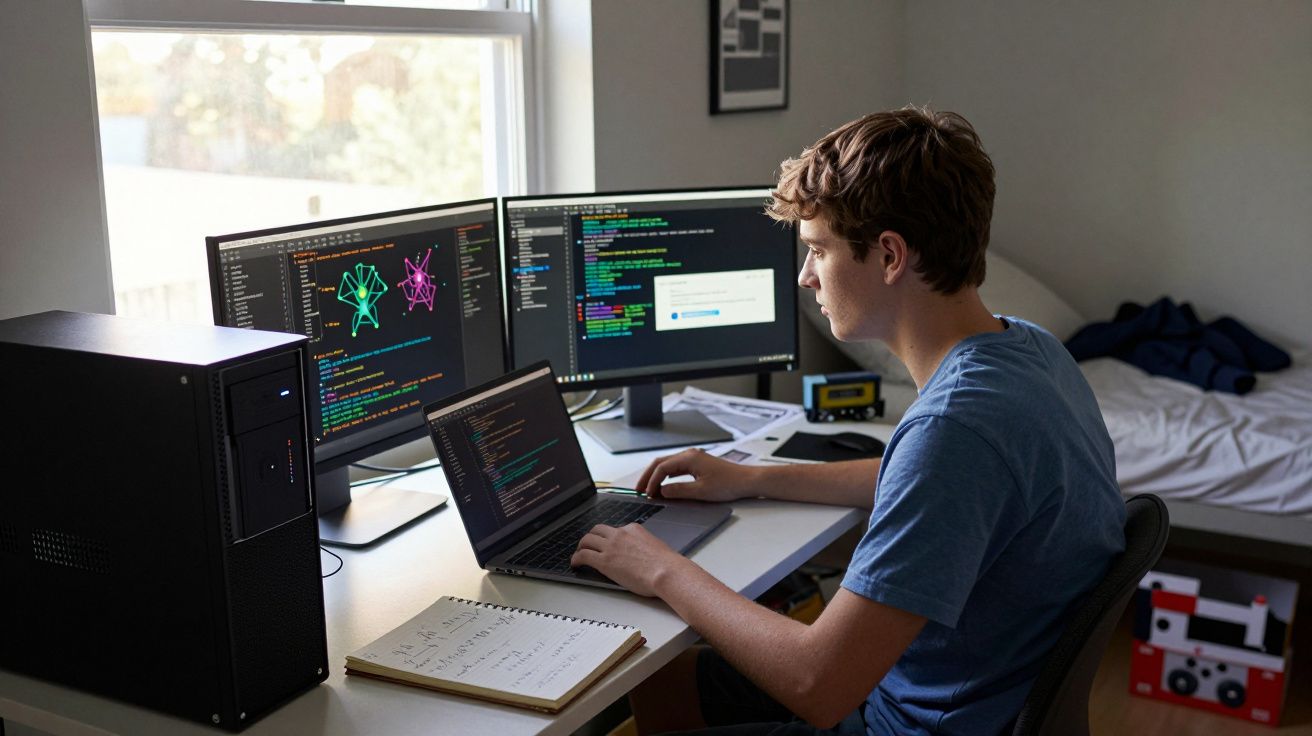 Jovem programador trabalhando em código com três telas em ambiente de quarto e escrivaninha organizada.