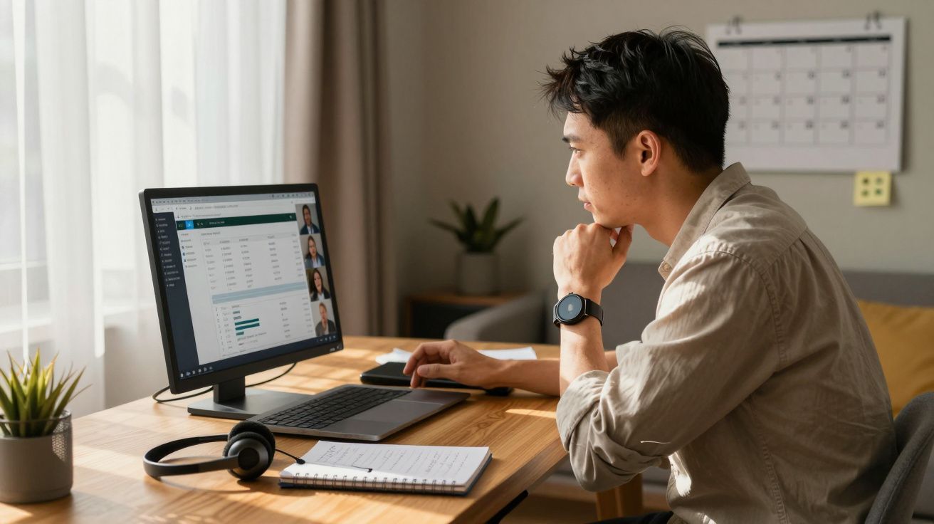 Homem jovem trabalhando em computador em home office com planilhas e videoconferência na tela.