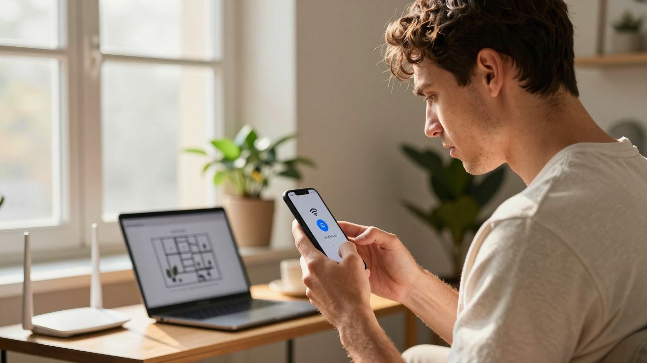 Homem usando smartphone para configurar Wi-Fi com notebook e roteadores ao fundo em ambiente doméstico.