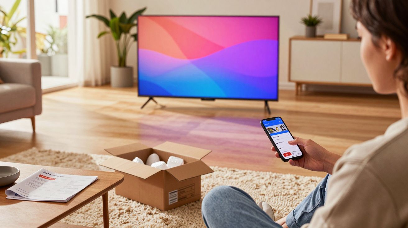 Pessoa sentada no chão de sala com celular, caixa aberta e televisão ligada ao fundo.