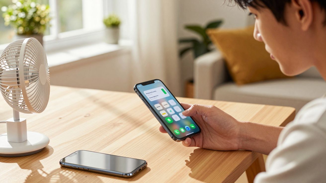 Pessoa usando smartphone para controlar ventilador pequeno sobre mesa de madeira em ambiente interno iluminado.