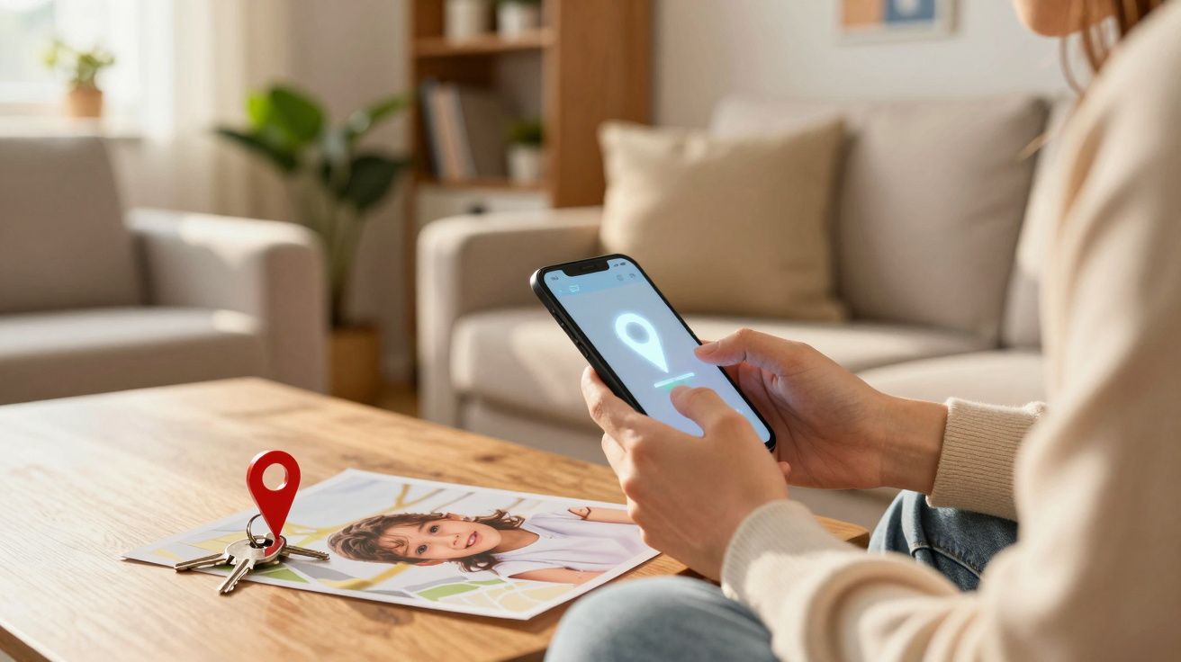 Pessoa usando smartphone com ícone de localização na tela, perto de chaves com marcador vermelho sobre mesa.