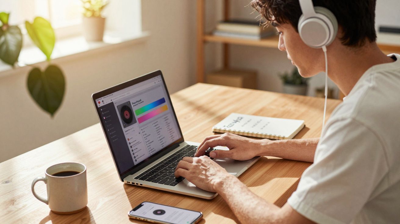 Jovem usando fones de ouvido e laptop para criar música em mesa de madeira com café e celular.