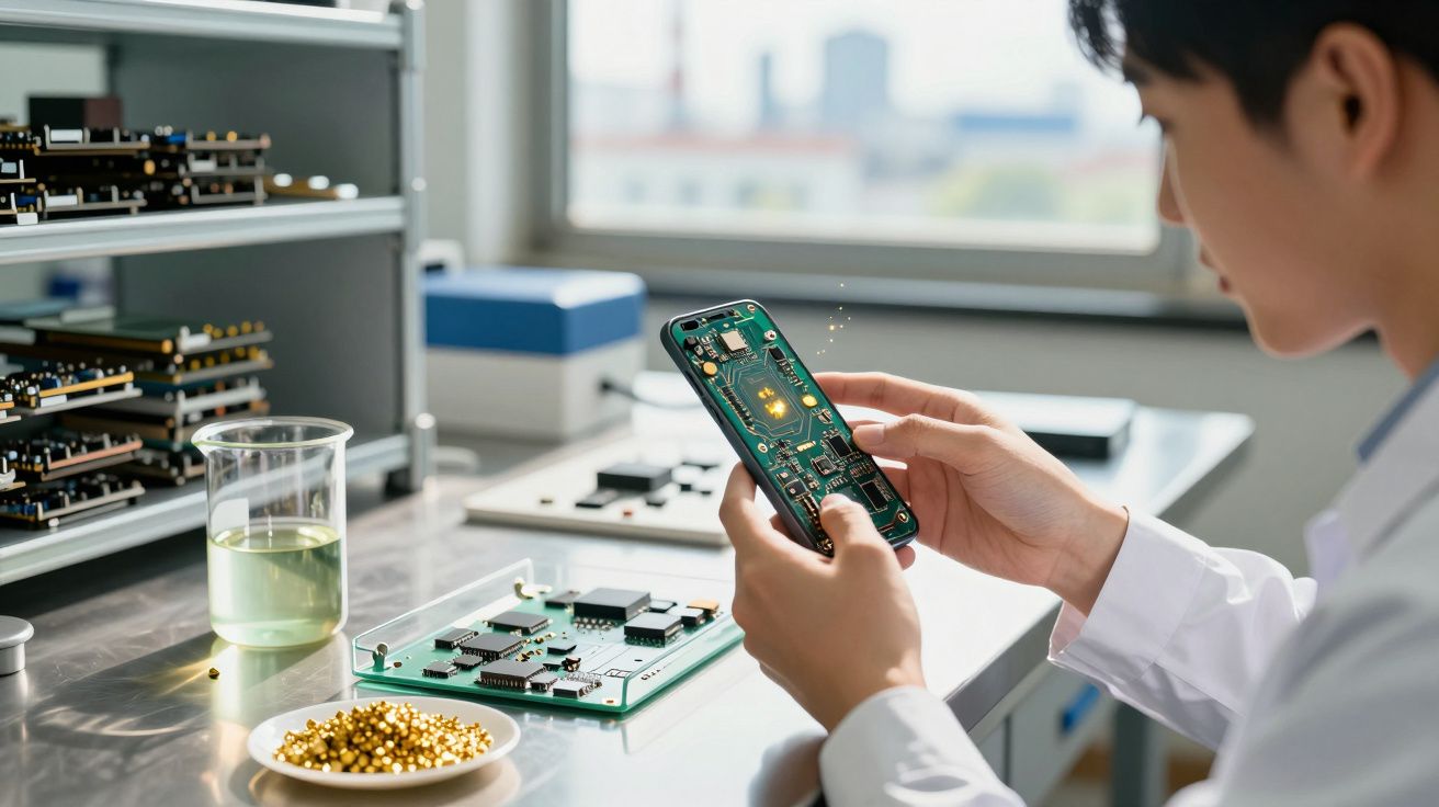 Pessoa segurando placa de circuito eletrônico em laboratório com componentes eletrônicos e copo com líquido verde.