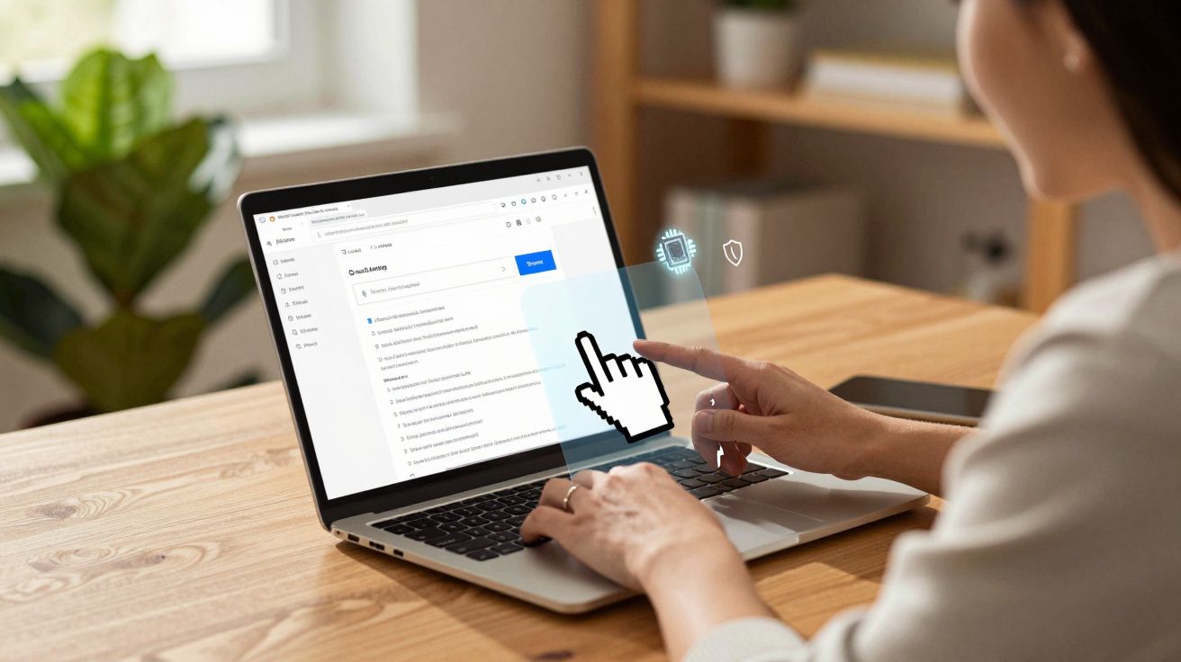 Pessoa usando laptop em mesa de madeira, interagindo com ícone de cursor na tela em ambiente iluminado.