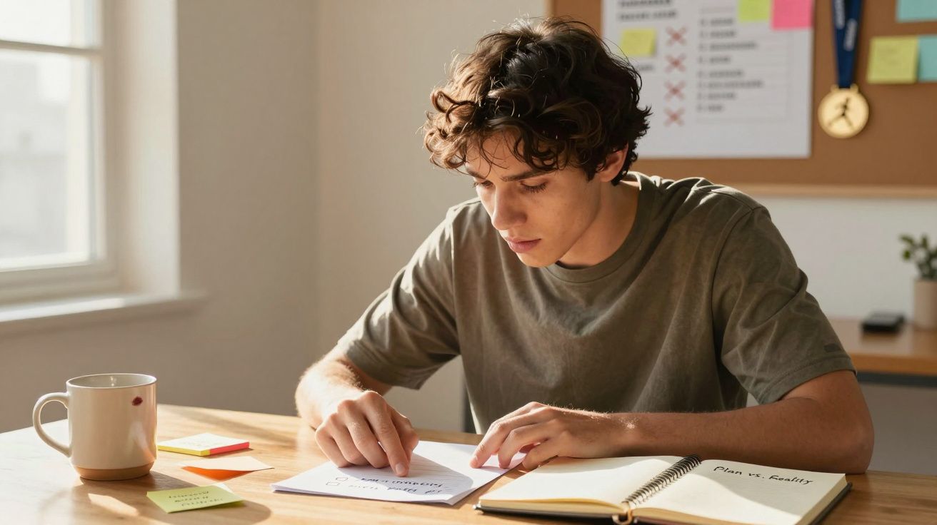 Jovem concentrado lendo anotações em mesa com caderno aberto, post-its e caneca próxima.