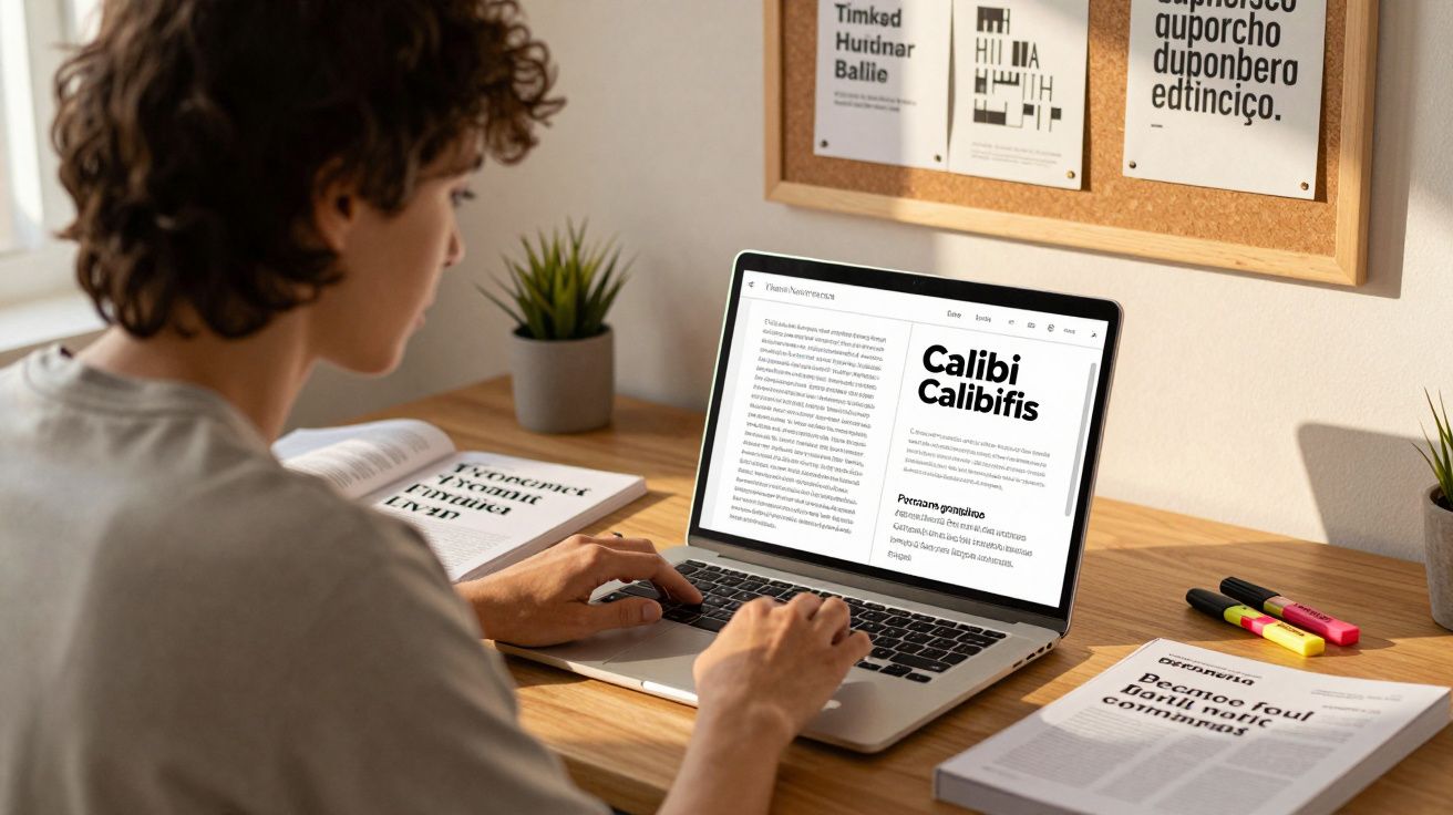 Pessoa digitando em notebook com documentos e marcadores coloridos sobre mesa de madeira e parede com quadro.