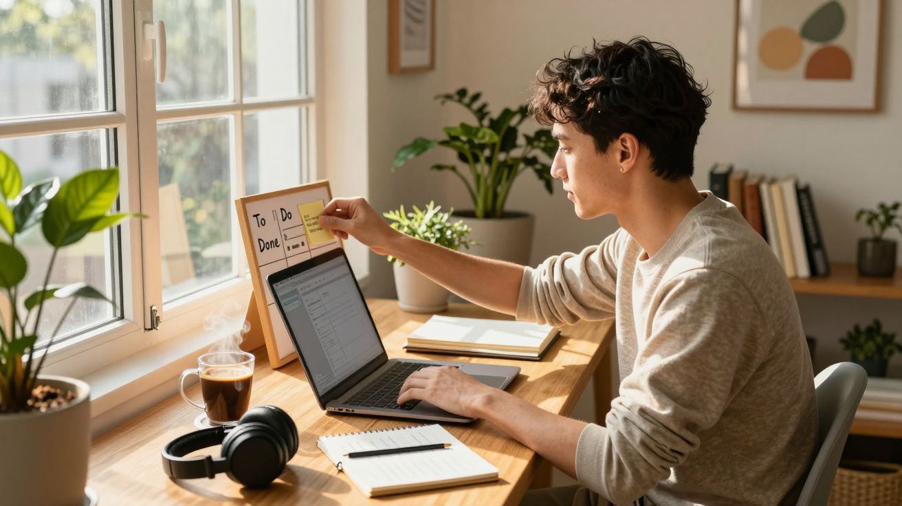 Jovem sentado à mesa usando laptop e organizando tarefas em quadro com post-its perto de janela ensolarada.