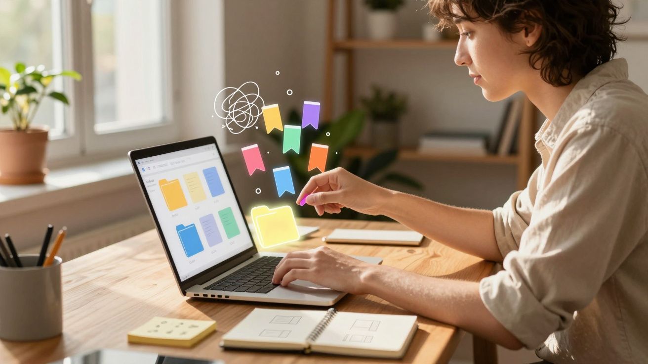 Pessoa organizada trabalhando em laptop com ícones coloridos de pastas e lembretes virtuais flutuando.