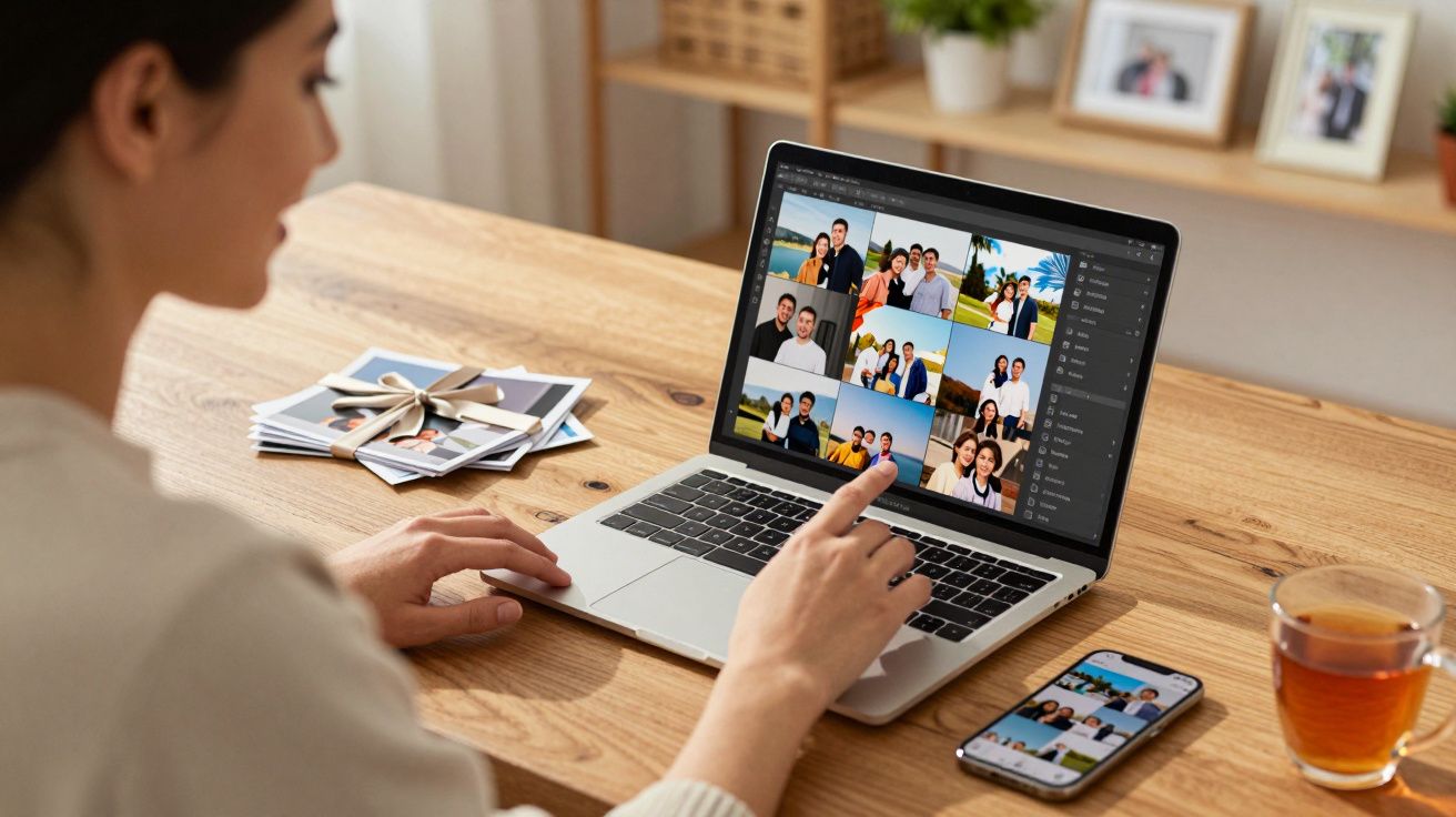 Pessoa editando fotos de família em um notebook perto de celular e xícara de chá em mesa de madeira.