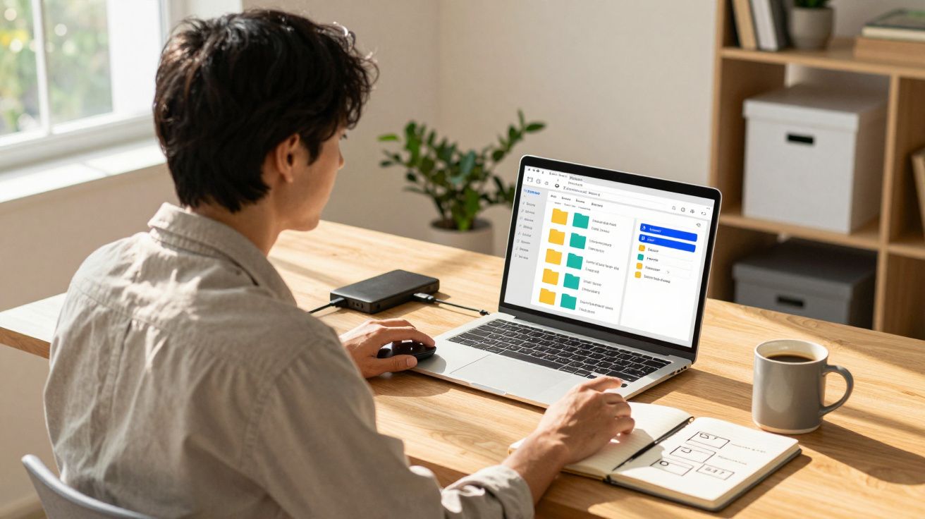 Pessoa em mesa de madeira usando laptop com pastas organizadas na tela, caderno e caneca ao lado.