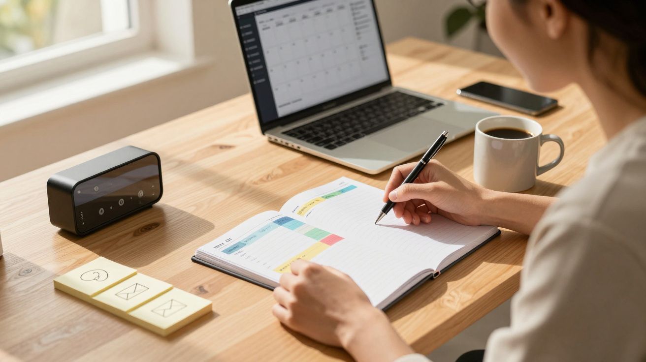 Pessoa escrevendo em agenda com notebook, smartphone, xícara de café e relógio digital em mesa de madeira.