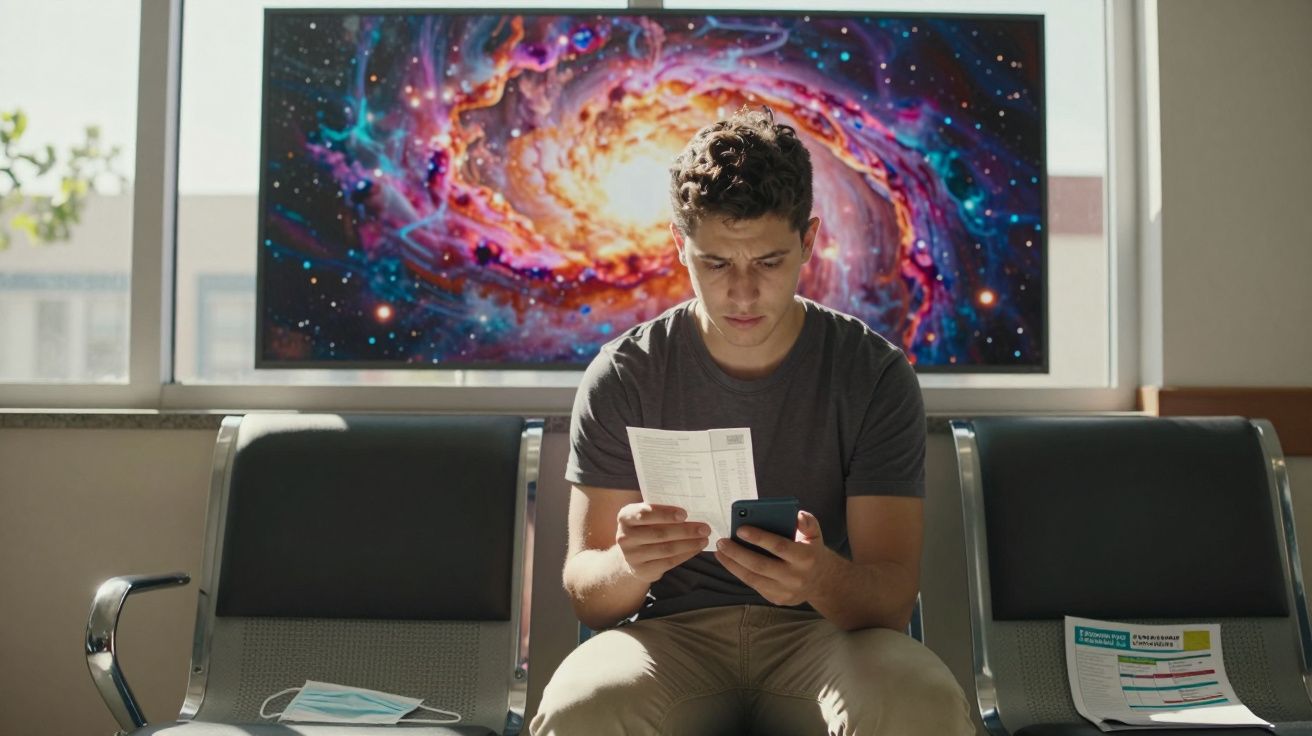 Jovem sentado em cadeiras de espera, olhando para documentos e celular, com quadro de galáxia colorida ao fundo.
