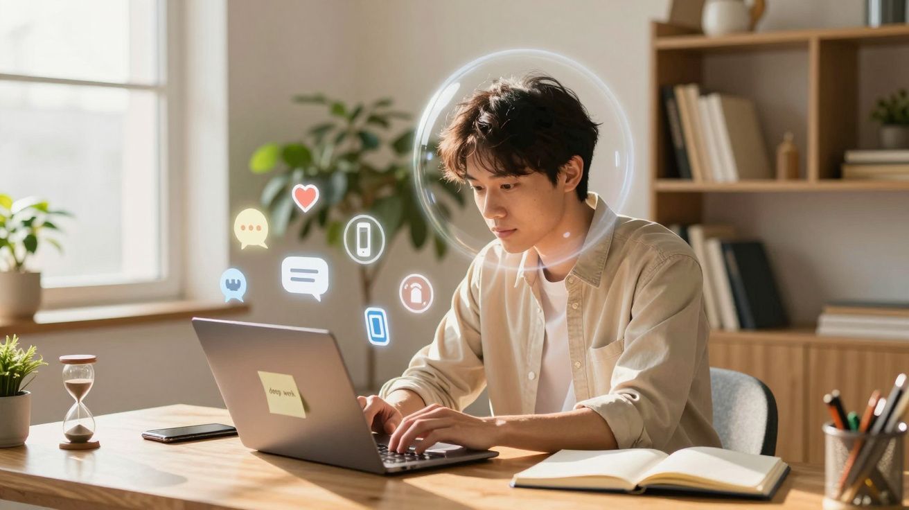 Jovem concentrado em laptop com ícones flutuantes de mensagens e redes sociais em ambiente iluminado.