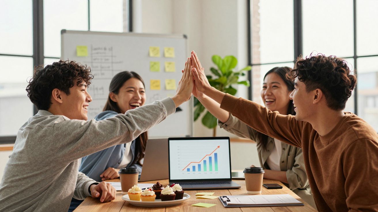 Grupo jovem celebrando sucesso em reunião de trabalho com laptop e gráficos em mesa de escritório.