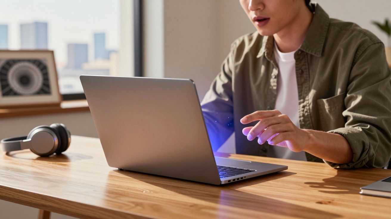 Pessoa interagindo com laptop em mesa de madeira com fones de ouvido e decoração ao fundo.