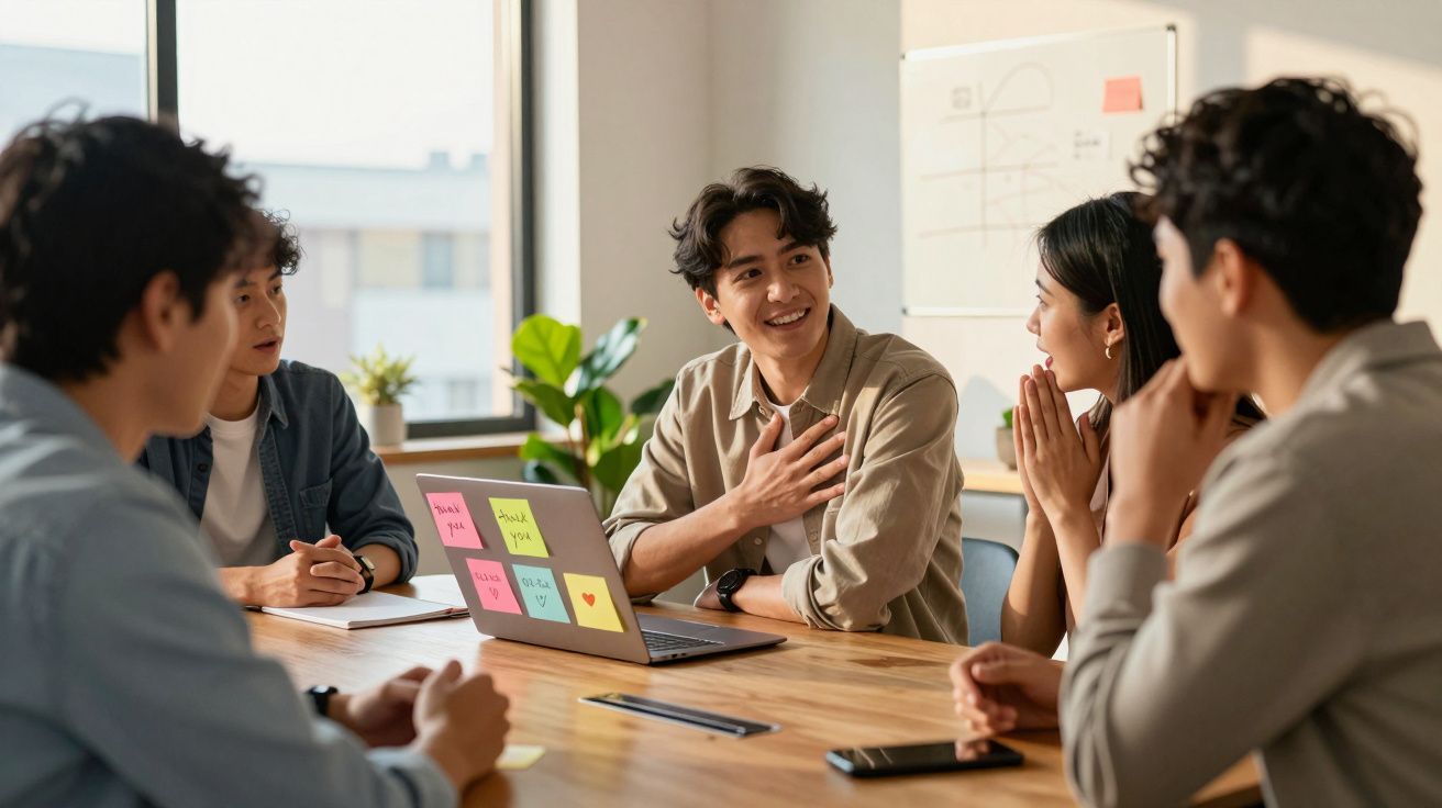 Grupo de jovens em reunião criativa com laptop e anotações em ambiente de escritório moderno.