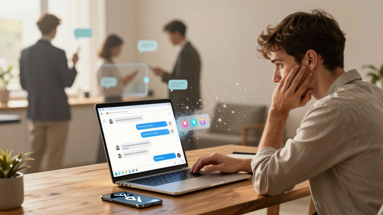 Jovem utilizando notebook para realizar conversas online em ambiente de trabalho compartilhado.