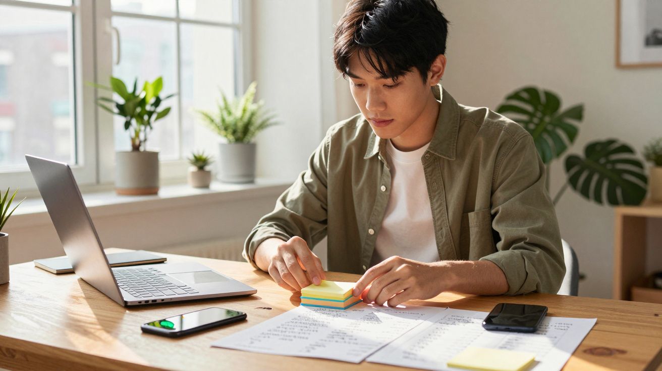 Jovem concentrado usando post-its enquanto trabalha com papéis e notebook em mesa iluminada pela janela.
