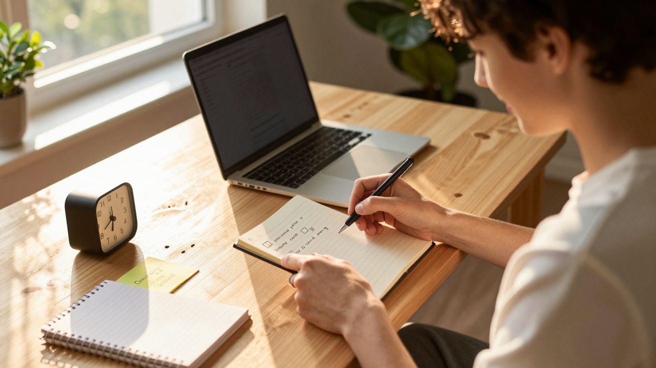 Pessoa escrevendo em bloco de notas com laptop, relógio e caderno sobre mesa de madeira clara.