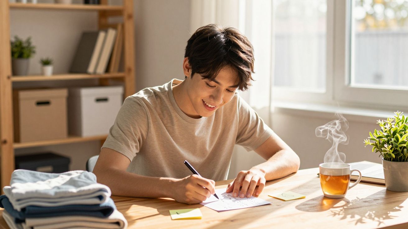 Jovem sorridente escrevendo em papel na mesa de madeira com xícara de chá quente e planta ao lado.