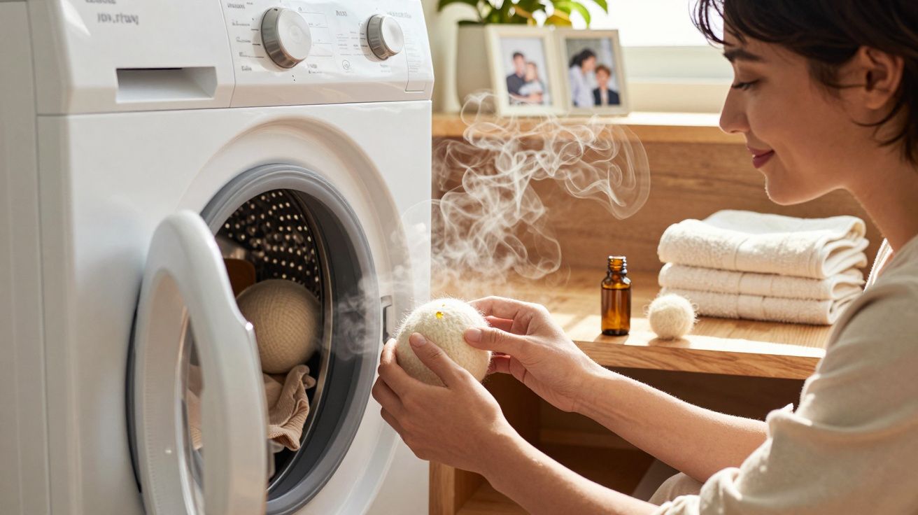 Mulher segurando bola de secadora liberando vapor ao lado de máquina de lavar roupa branca aberta.
