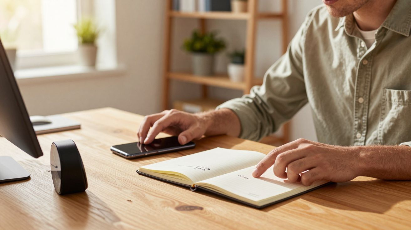 Pessoa usando agenda aberta enquanto segura smartphone em mesa de madeira, com laptop e relógio próximo.