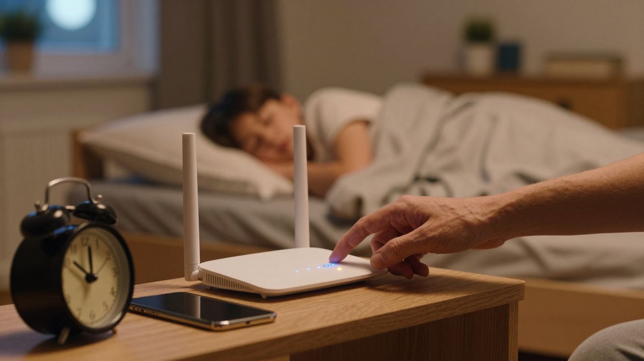 Mão apagando roteador Wi-Fi em mesa próxima a celular, relógio e pessoa dormindo em quarto.