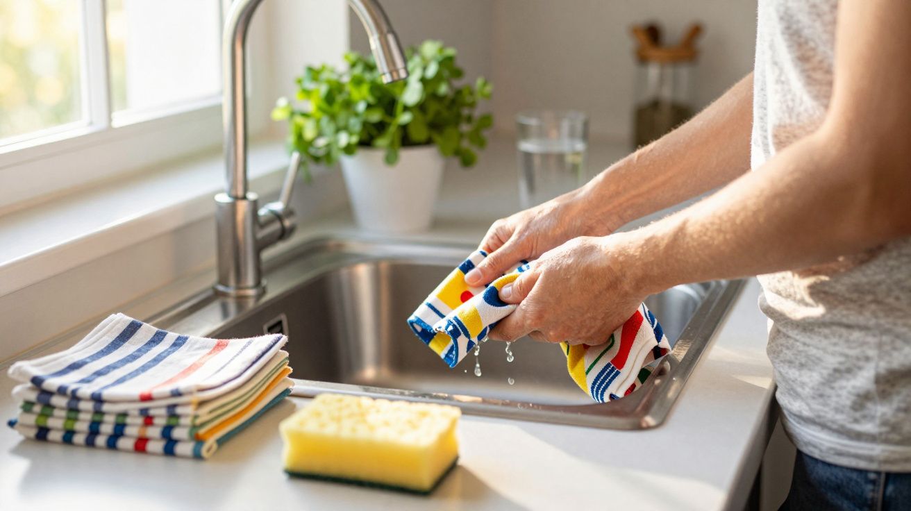 Pessoa torcendo pano colorido acima da pia da cozinha com esponja amarela ao lado.