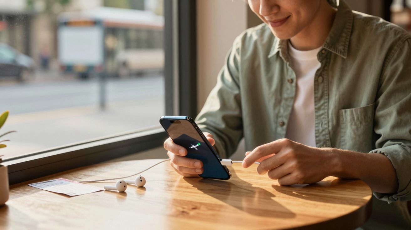 Pessoa sorridente usando smartphone em mesa de madeira perto de janela com fones de ouvido e passagem aérea.