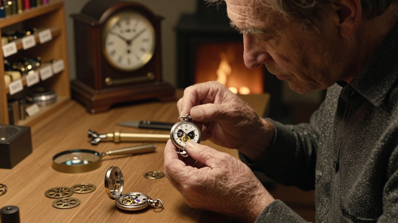 Homem idoso consertando relógio de bolso em mesa com ferramentas e engrenagens, relógio antigo ao fundo.
